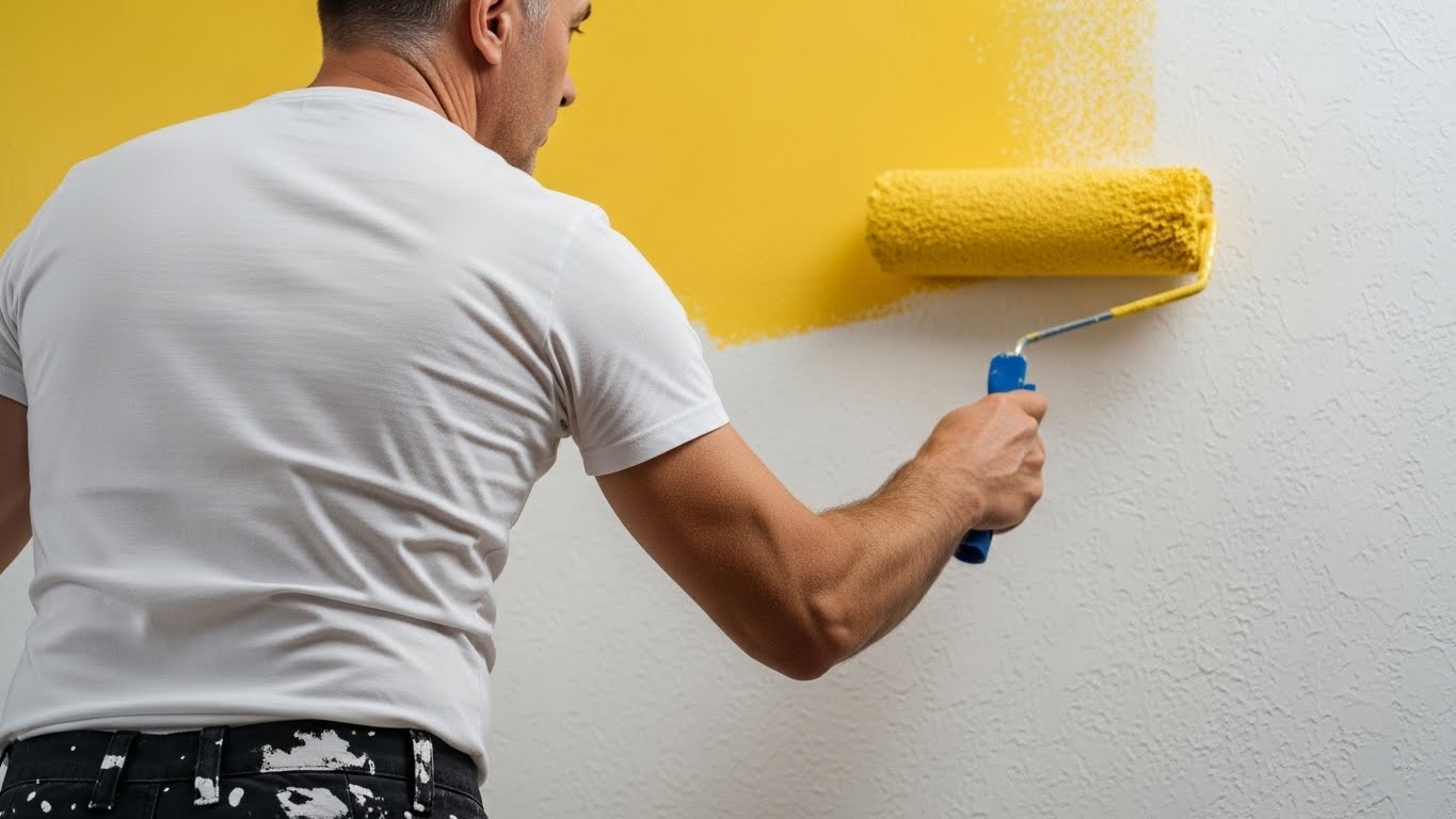 Pintor profissional em Osasco realizando pintura de parede em sala de estar moderna